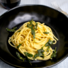 Picture of a bowl of spaghetti with butter and sage sauce.